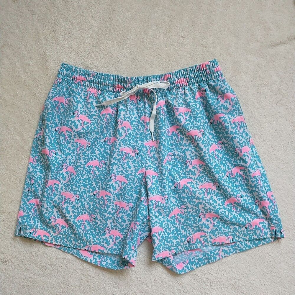 Chubbies Swim Trunks Mens L Blue Pink Domingos Are For Flamingos Lined 5.5"*READ